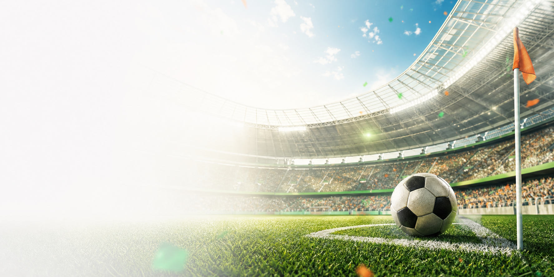 Aydınlık bir futbol stadyumunda köşe vuruşu alanı ve futbol topu